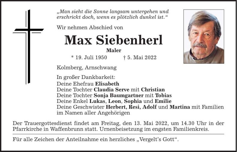 Traueranzeige Max Siebenherl