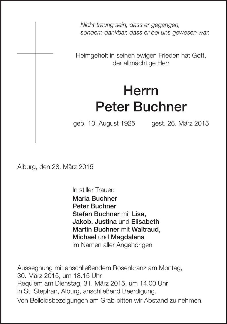 Traueranzeige Peter Buchner
