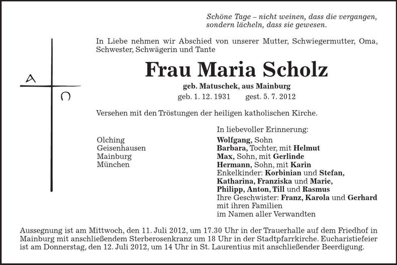 Traueranzeige Maria Scholz