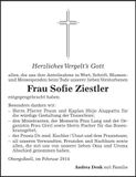 Traueranzeige Sofie Ziestler
