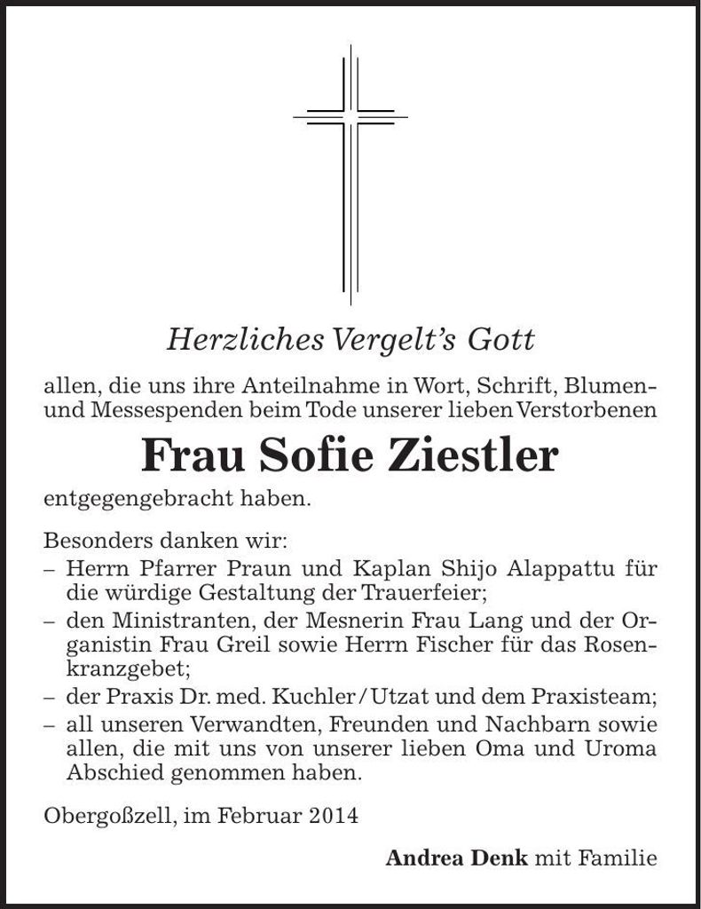 Traueranzeige Sofie Ziestler