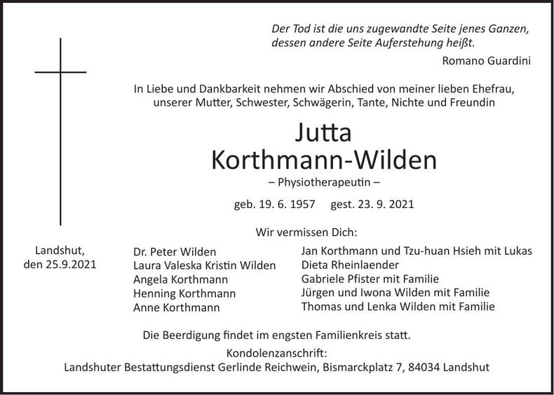 Traueranzeige Jutta Korthmann-Wilden
