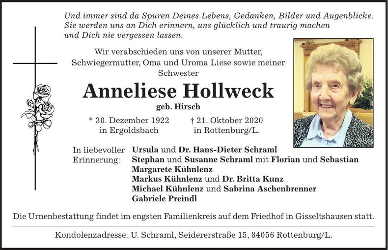 Traueranzeige Anneliese Hollweck