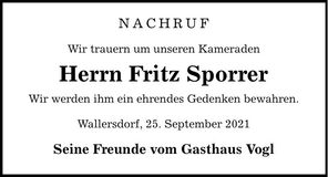 Traueranzeige Fritz Sporrer