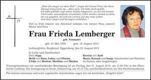 Traueranzeige Frieda Lemberger
