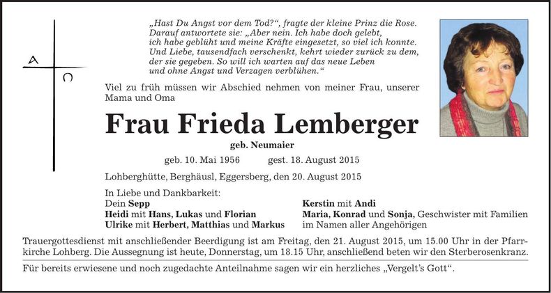 Traueranzeige Frieda Lemberger