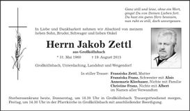 Traueranzeige Jakob Zettl