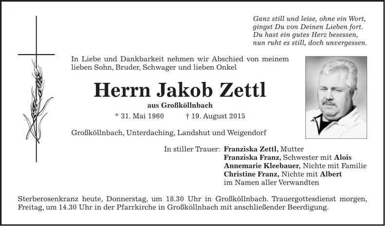 Traueranzeige Jakob Zettl