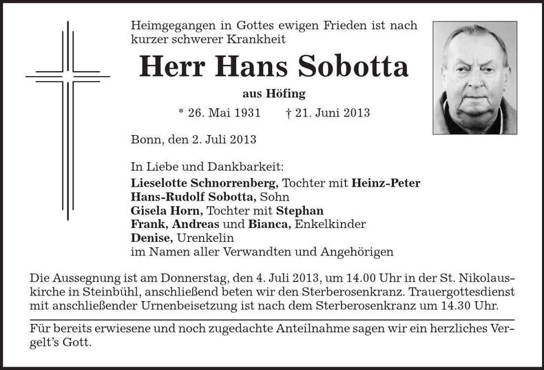 Traueranzeige Hans Sobotta