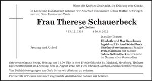 Traueranzeige Therese Schauerbeck