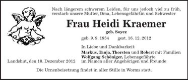 Traueranzeige Heidi Kraemer