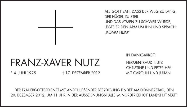 Traueranzeige Franz-Xaver Nutz
