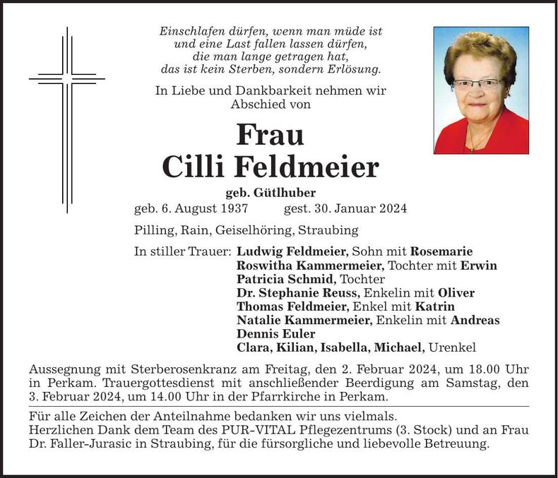 Traueranzeige Cilli Feldmeier