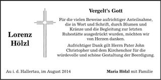 Traueranzeige Lorenz Hölzl