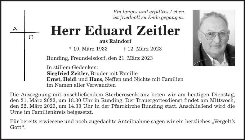 Traueranzeige Eduard Zeitler