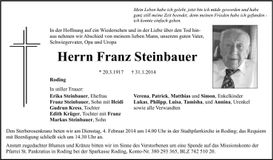 Traueranzeige Franz Steinbauer