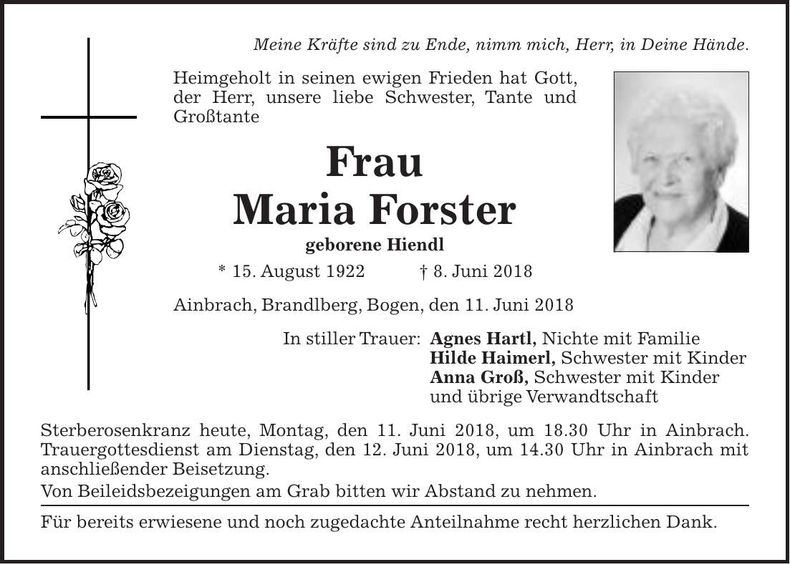 Traueranzeige Maria Forster