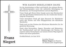 Traueranzeige Franz Siegert