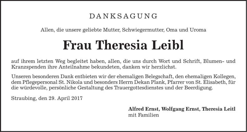 Traueranzeige Theresia Leibl