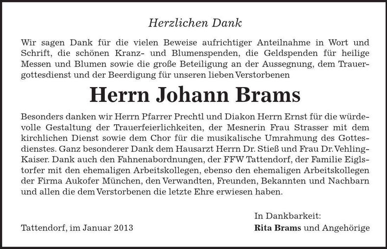 Traueranzeige Johann Brams