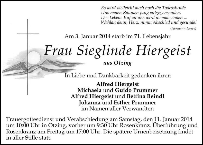 Traueranzeige Sieglinde Hiergeist
