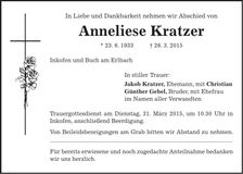 Traueranzeige Anneliese Kratzer