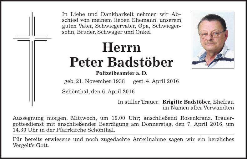 Traueranzeige Peter Badstöber