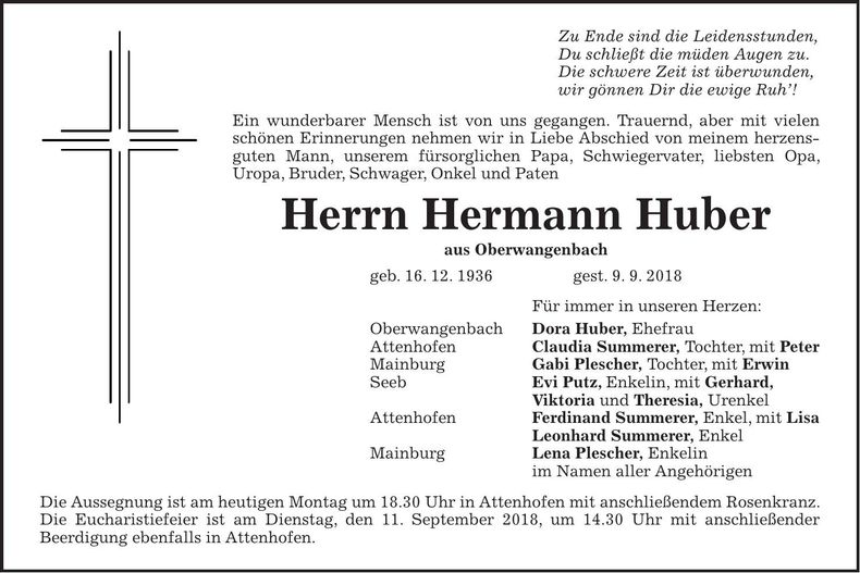 Traueranzeige Hermann Huber
