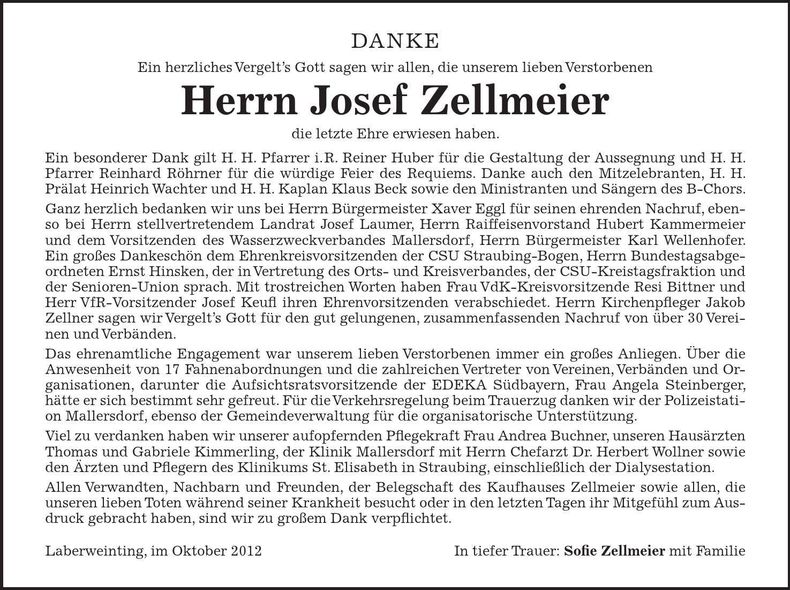 Traueranzeige Josef Zellmeier