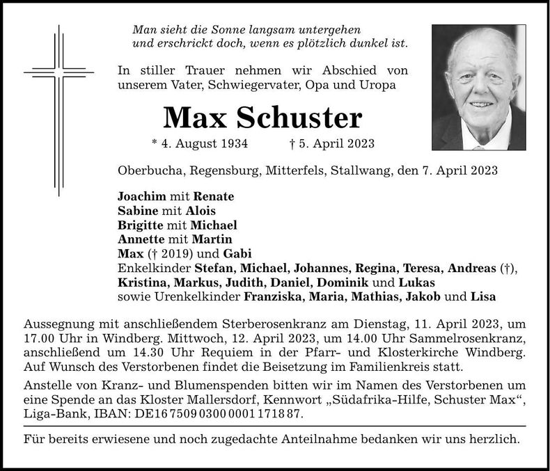 Traueranzeige Max Schuster