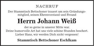 Traueranzeige Johann Weiß
