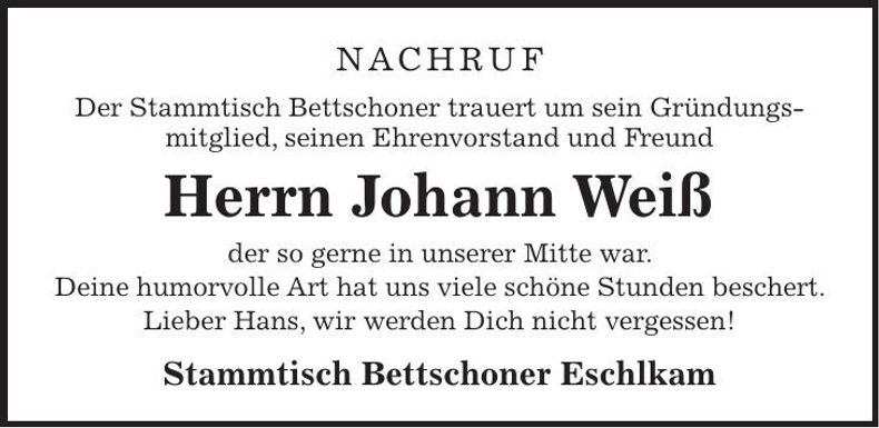 Traueranzeige Johann Weiß