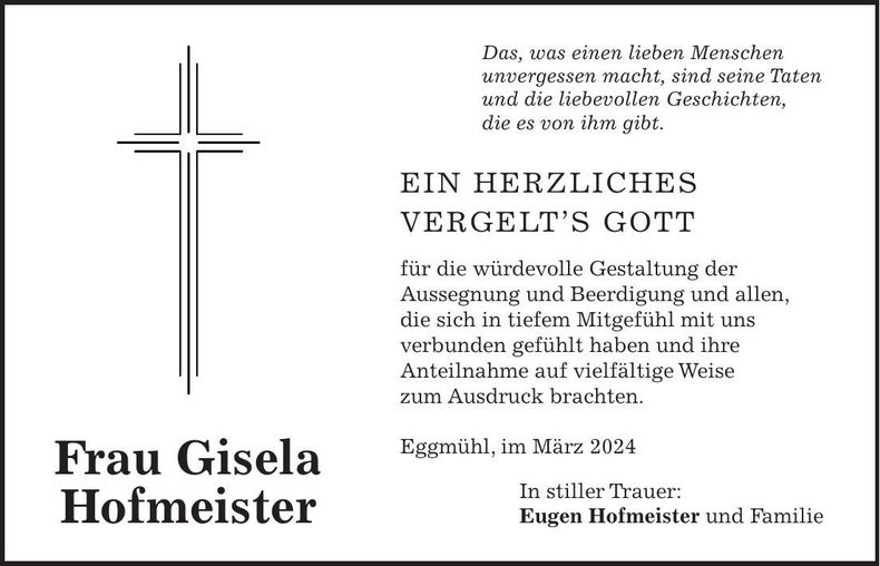 Traueranzeige Gisela Hofmeister