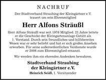 Traueranzeige Alfons Sträußl