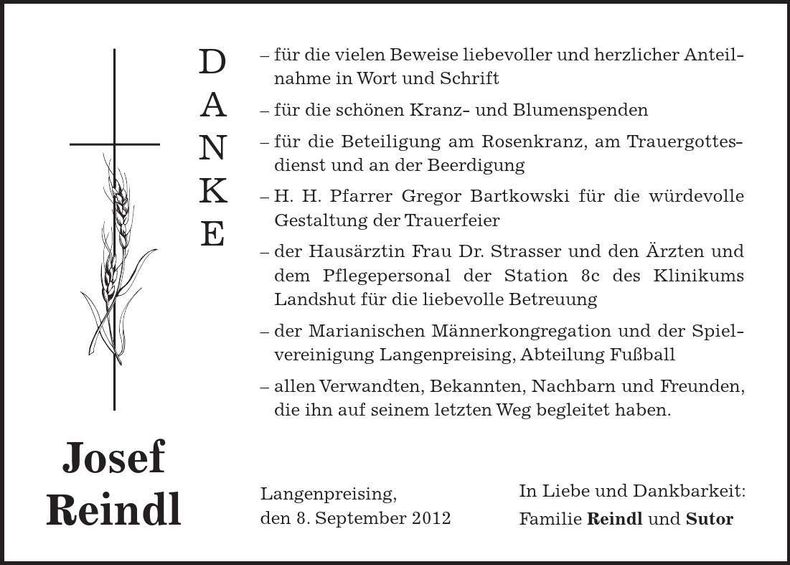 Traueranzeige Josef Reindl