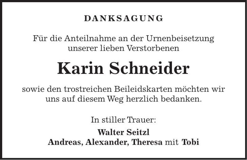 Traueranzeige Karin Schneider
