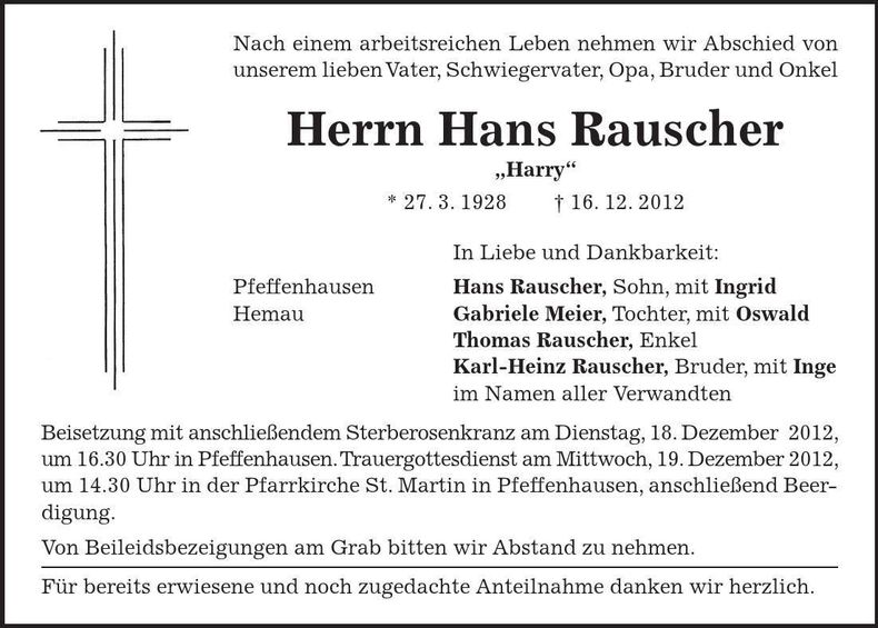 Traueranzeige Hans Rauscher