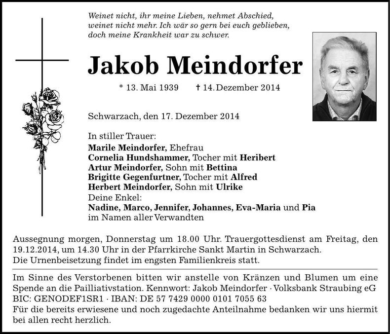 Traueranzeige Jakob Meindorfer