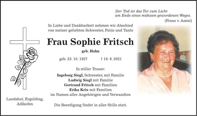 Traueranzeige Sophie Fritsch
