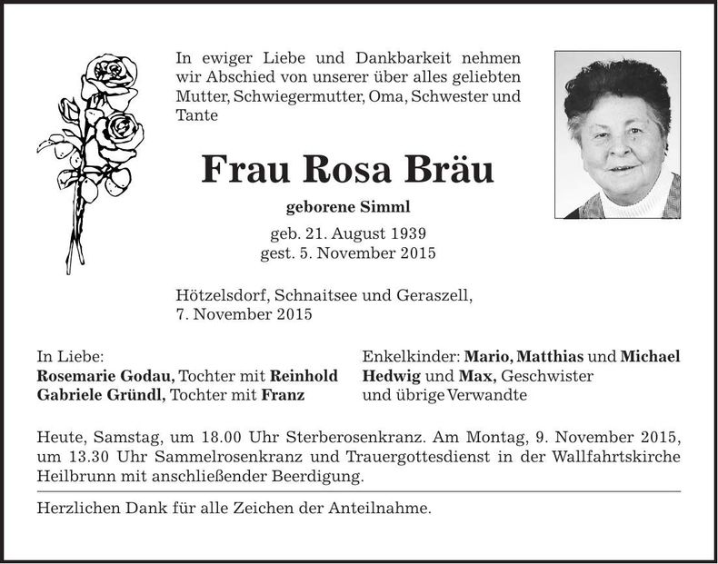 Traueranzeige Rosa Bräu