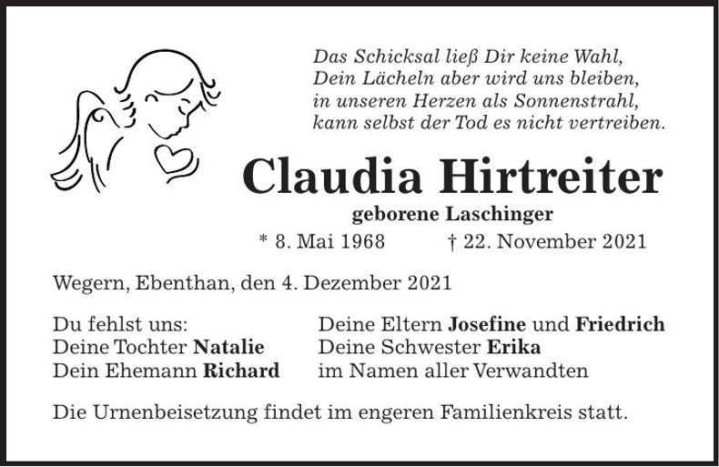 Traueranzeige Claudia Hirtreiter