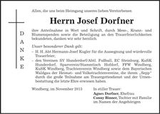 Traueranzeige Josef Dorfner