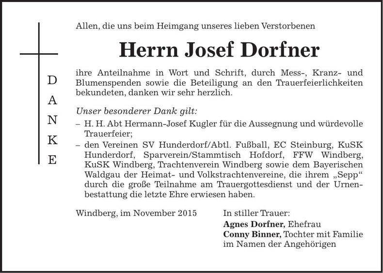 Traueranzeige Josef Dorfner