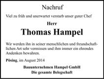 Traueranzeige Thomas Hampel