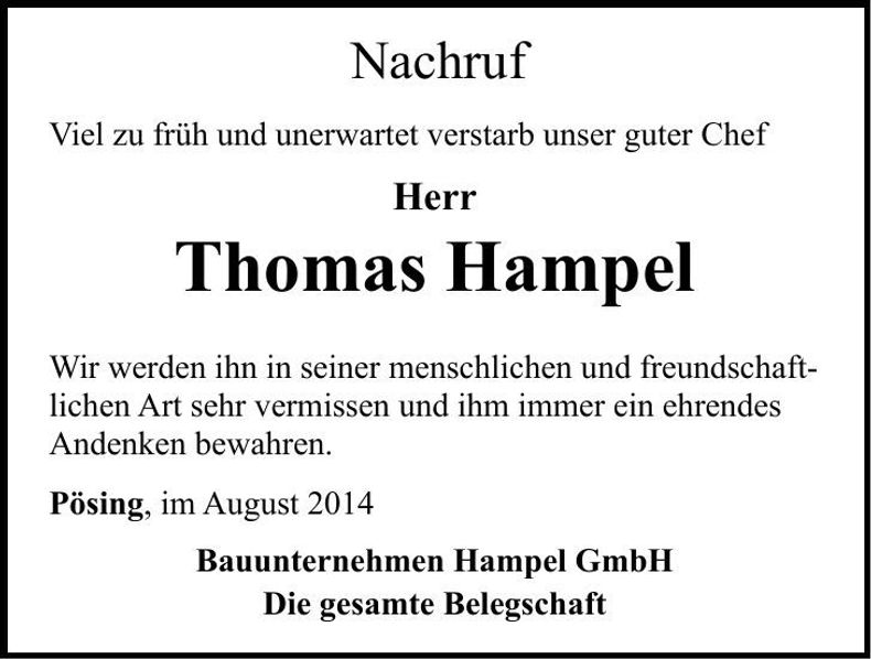 Traueranzeige Thomas Hampel