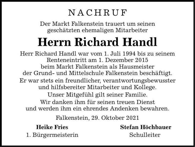 Traueranzeige Richard Handl