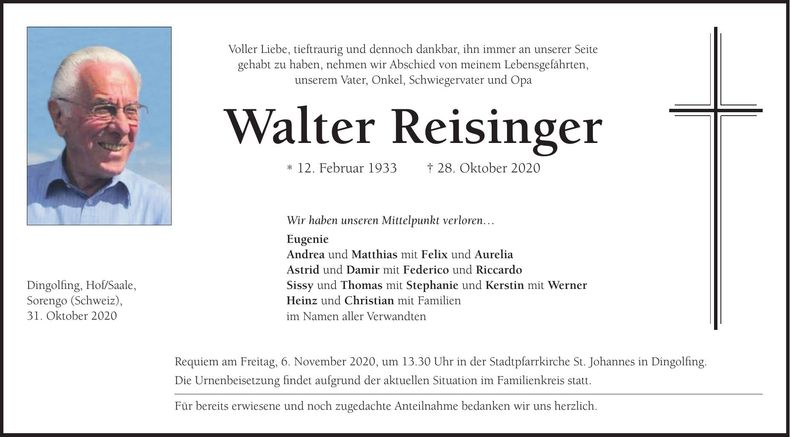 Traueranzeige Walter Reisinger