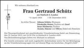 Traueranzeige Gertraud Schütz