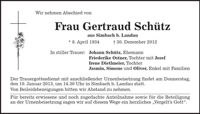Traueranzeige Gertraud Schütz