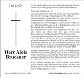 Traueranzeige Alois Bruckner